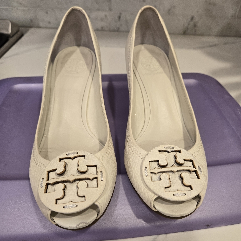 Tory Burch Cream Peep-Toe Wedge Flats with Logo Medallion